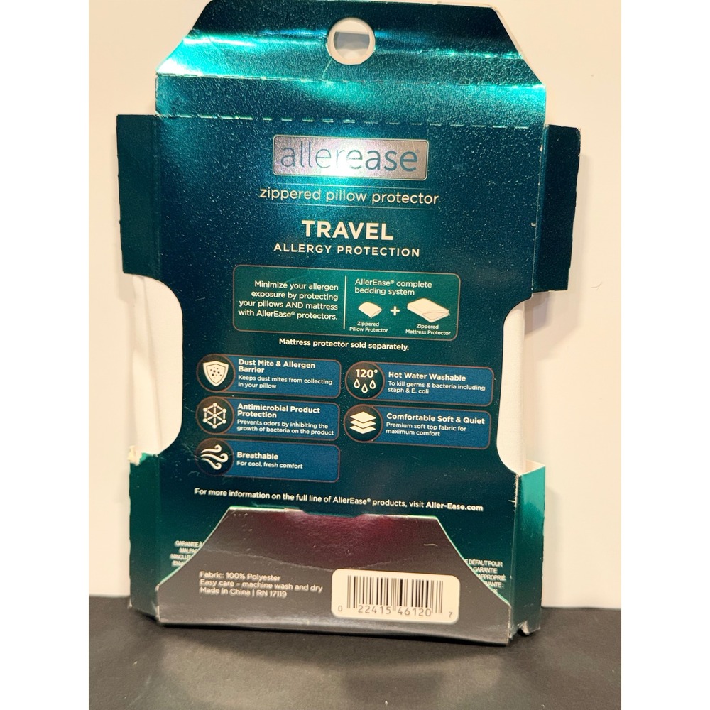 Allerease Travel Zippered Pillow Protector Allergy Protection White 14x20in - Picture 3 of 3